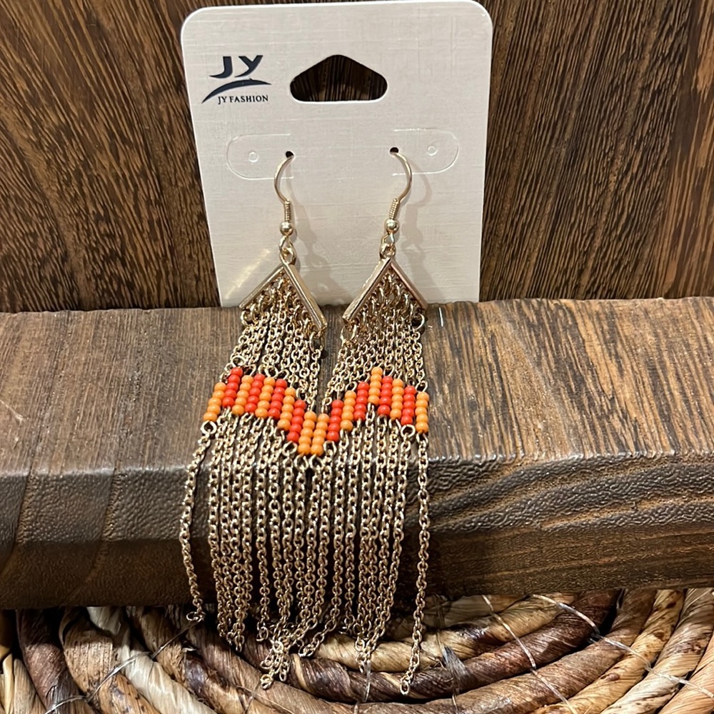 3/$18 JY Gold and Orange Tassel Pierced Earrings - New - Lot 395